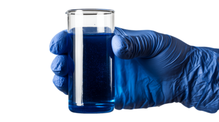 Gloved Hand Holding Beaker with Blue Liquid Against Transparent Background, PNG