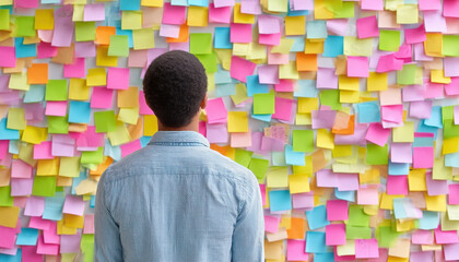 Person stands office facing colourful wall covered with paper notes showing creativity and chaos brainstorming work planning project management