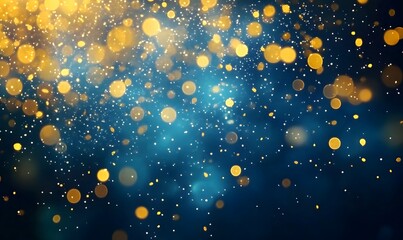 golden confetti falling on blurred blue background