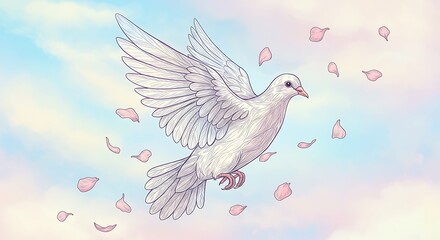 Fototapeta premium White dove flying in pastel sky