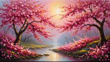 Pink blossoms paint a mountain dream,
A landscape where nature's beauty gleams.