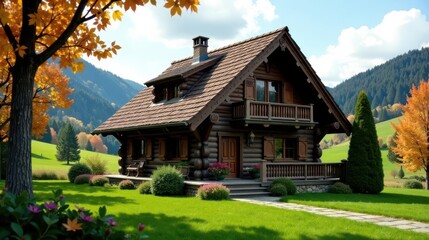 Rustic Log Cabin Retreat Nestled in a Serene Mountain Valley Landscape with Vibrant Autumn Foliage