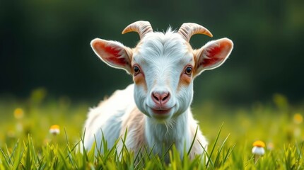 Fototapeta premium A charming goat kid with tiny horns rests in green grass, looking inquisitively at the viewer.