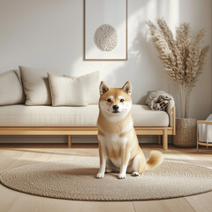 a shiba inu sitting in a livingroom