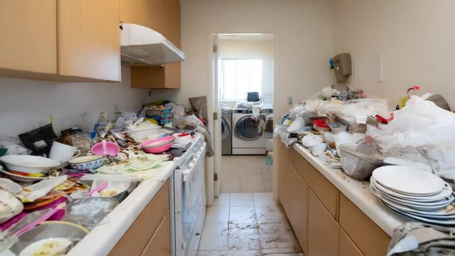 Cluttered Kitchen Chaos Dirty Dishes, Trash, and Messy Countertops Lead to Laundry Room, Creating Sense of Neglect and Disarray with Unwashed Plates and Bowls in Chaotic Environment