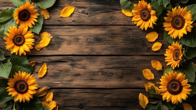 Rustic wooden surface adorned with vibrant sunflowers and delicate yellow foliage