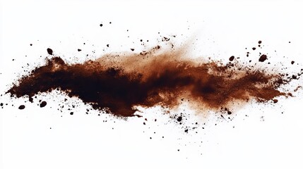 A horizontal burst of dark brown powder against a stark white background, showing texture and movement (1)