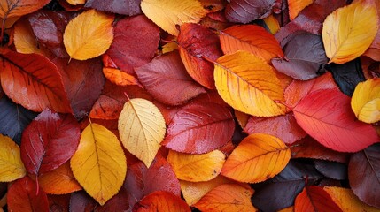 Fototapeta premium Autumn leaves ground cover, vibrant fall colors, wet foliage, outdoor background, seasonal design