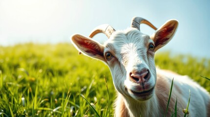 Obraz premium A curious goat grazes peacefully in a vibrant green meadow under a bright, clear sky at daytime