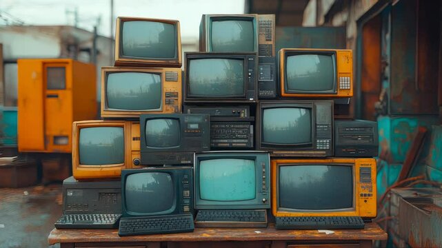 A large pile of old, dusty computer monitors and keyboards stacked together, symbolizing outdated technology, recycling, and digital waste