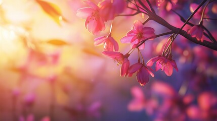 A close-up view of cherry blossom branches with vibrant pink petals, bathed in warm sunlight, set against a softly blurred background of fresh spring colors.