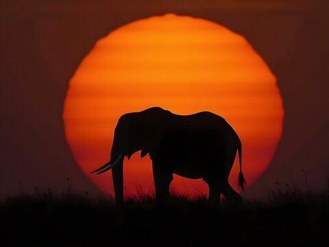 A wild elephant silhouette stands against the orange sunset sky in a nature landscape