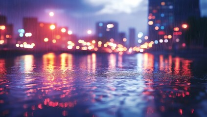 Obraz premium Rainy city night lights reflected in puddles