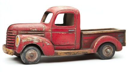 Weathered red vintage toy pickup truck isolated on white background.