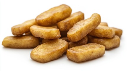 Obraz premium Pile of fried plantain slices stacked close up on white background studio shot food photography still life