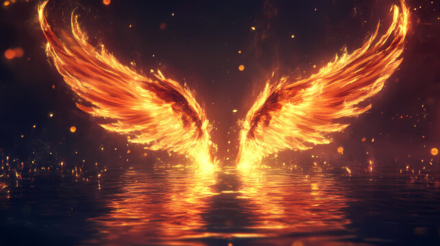 Pair of burning angel wings rising from water reflecting light particles. ethereal angel wings. illustration. [Inverted Nature] | Fire Garden | burning rose. Illustration