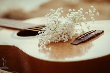 Delicate white gypsophila flowers resting gently on the smooth wooden surface of an acoustic guitar, with soft natural light enhancing the warm tones of the strings and body. 