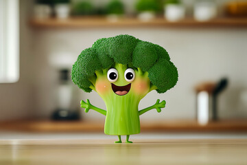 Funny cartoon broccoli in the kitchen. Healthy eating concept, healthy food