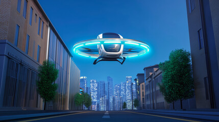 Flying car of the future on the city street. Concept of modern transport