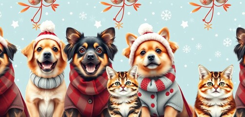 Fototapeta premium Adorable dogs and cat in winter wear, colorful seamless pattern, furry, artwork