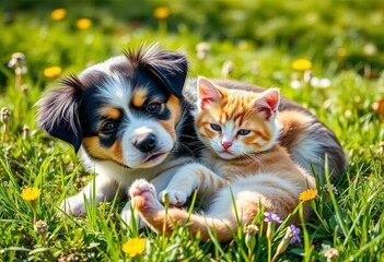 Obraz premium Adorable dog and cat cuddle on sunny spring grass, peaceful, sun