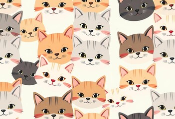 Adorable cat faces in a repeating seamless pattern, ideal for kids' fashion and home decor, vector, cat