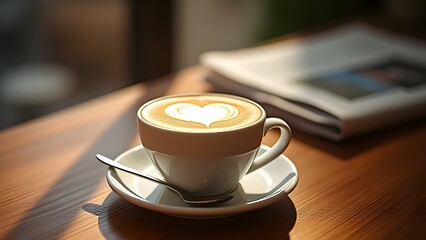 Morning Latte Art Coffee Cup on Wooden Table