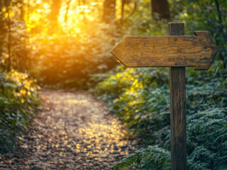 Navigating the Path: A weathered wooden signpost points the way along a sun-dappled forest path, inviting exploration and discovery.