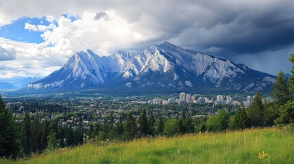 Fototapeta premium Mountain city panorama, storm clouds, grassy hilltop view