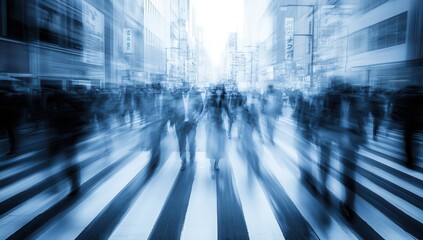 Blurry city street scene, pedestrians crossing