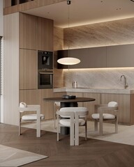 Elegant contemporary kitchen room interior Modern Contemporary white and wood material. 3drender
