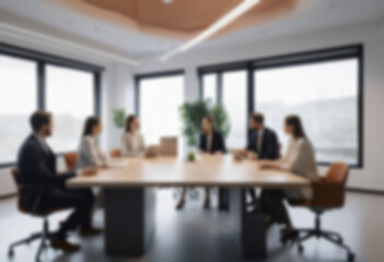 having a meeting in a blurry office, the atmosphere of a group of people having a meeting in a natural-themed, modern office with a wooden table, with a blurry office background