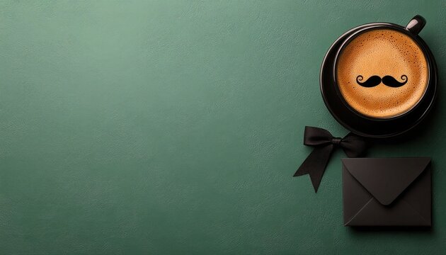 Espresso cup with a mustache design, black bow tie, and envelope on green backdrop. Ideal for Father's Day, male grooming, or men's lifestyle concepts.
