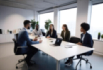 Obraz premium having a meeting in a blurry office, the atmosphere of a group of people having a meeting in a natural-themed, modern office with a wooden table, with a blurry office background