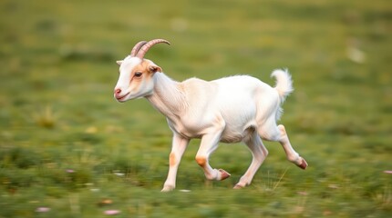 Obraz premium A playful kid goat sprints across a vibrant green field in a joyful burst of youthful exuberance.