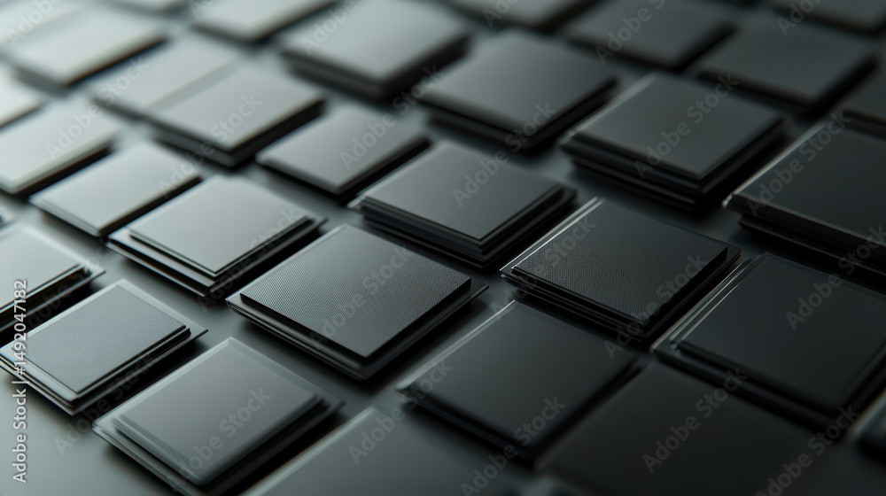 Poster tech grids: a macro view of a series of precision-crafted black squares forming a textured grid, sho