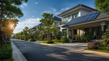 A row of suburban houses with solar panels under bright sunlight 