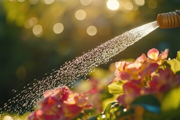 Close-up of a garden watering hose with a sprayer nozzle, releasing a fine mist of sparkling water onto vibrant blooming flowers. 