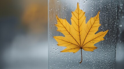 Vivid yellow maple leaf resting on a misty glass window, raindrops forming delicate patterns as the cool autumn light filters through. A cozy, nostalgic scene evoking the beauty of the fall season.