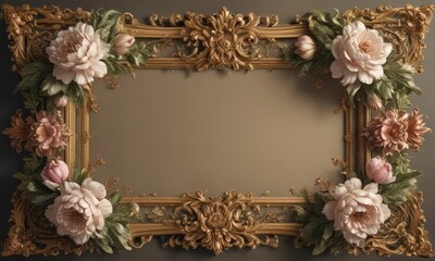 Ornate Baroque frame; scrolling acanthus leaves, roses, peonies, vintage, floral border, calligraphic,  texture,  background,  leaves
