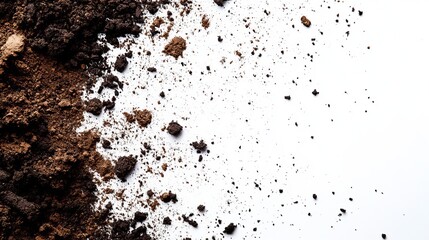 Dark brown soil scattered on white background, showing texture and particle size variation