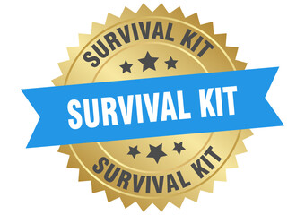 survival kit. survival kit round blue and gold label isolated on transparent background