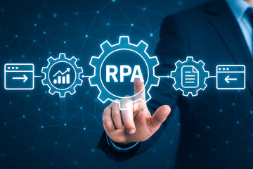 Business technology automation RPA concept with futuristic digital workflow gears process management interface visualization on corporate touchscreen network background