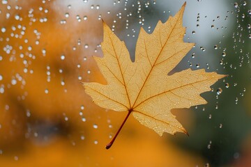 Golden maple leaf pressed against a rain-speckled window, with blurred autumn foliage in the background. Droplets create a soft, dreamy effect, capturing the essence of a peaceful rainy fall day.