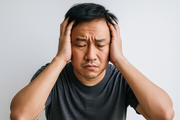 Fototapeta premium asian man clutching head with both hands eyes closed expressing deep pain frustration tension against plain white background