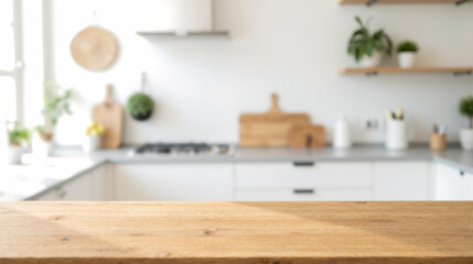 Fototapeta premium Rustic wooden table in bright kitchen environment, showcasing objects, food styling, or workspace. Contemporary room with white cabinets and natural decor elements creating cozy atmosphere