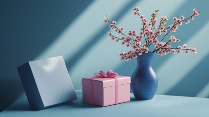 A beautifully composed still life featuring cherry flowers in a stylish blue vase, next to a neatly wrapped pink gift box on a smooth blue surface. 