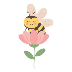 Cute bee sits in a flower. Vector illustration isolated on white background.