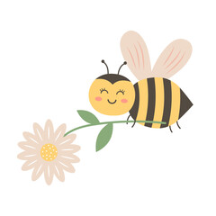 Cute bee holds a chamomile and flies. Vector illustration isolated on white background.