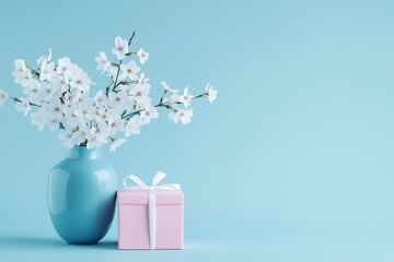 A delicate arrangement of cherry blossoms in a sleek blue vase, placed beside an elegant pink gift box on a soft blue background. 